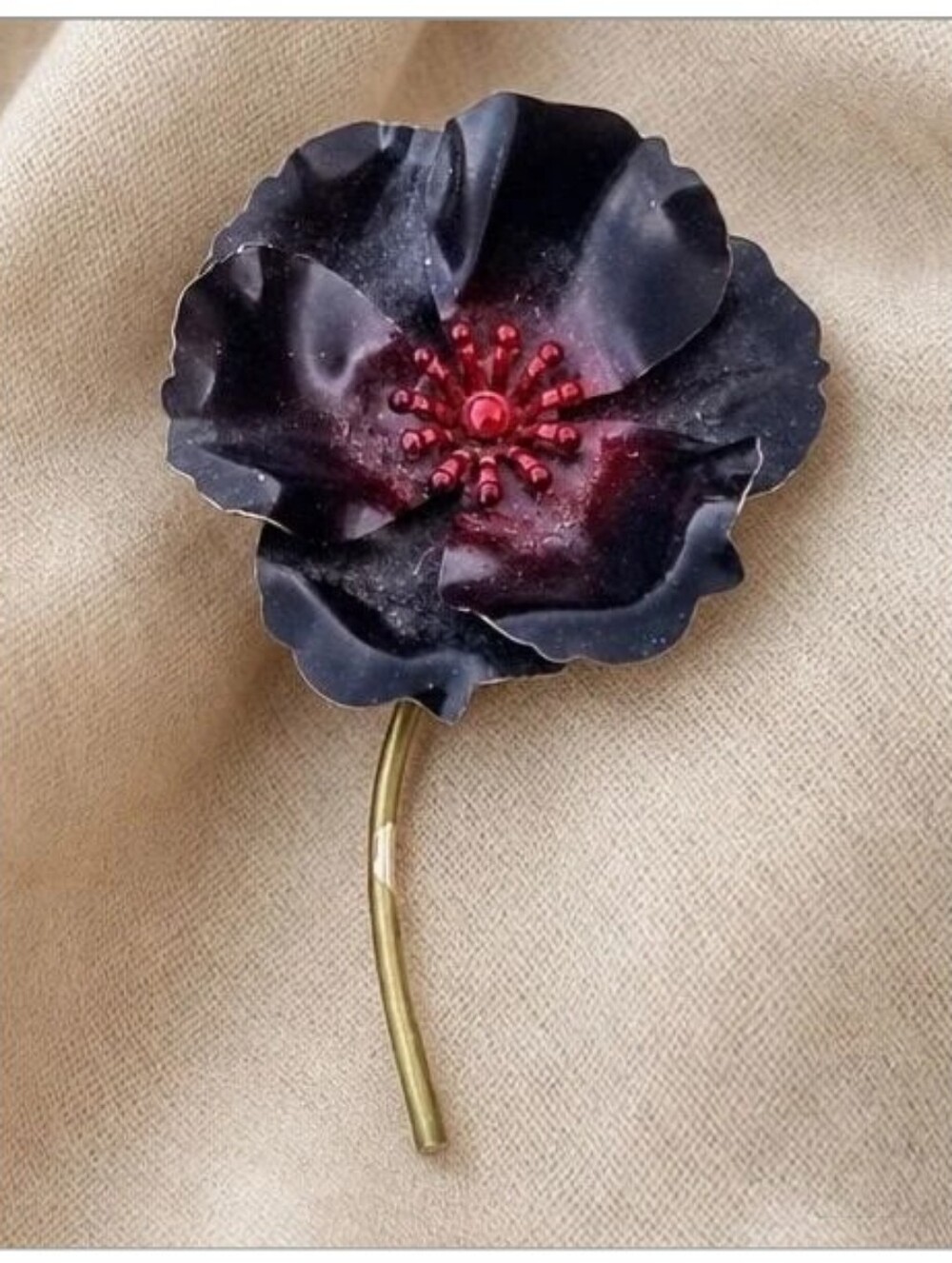 Vintage Burgundy Black Flower Brooch Gold Tone Stem Pin